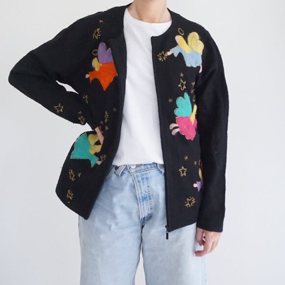 Sweaters - Vintage Quacker Factory Black Wool Cardigan Angel Applique Angelcore Boho M